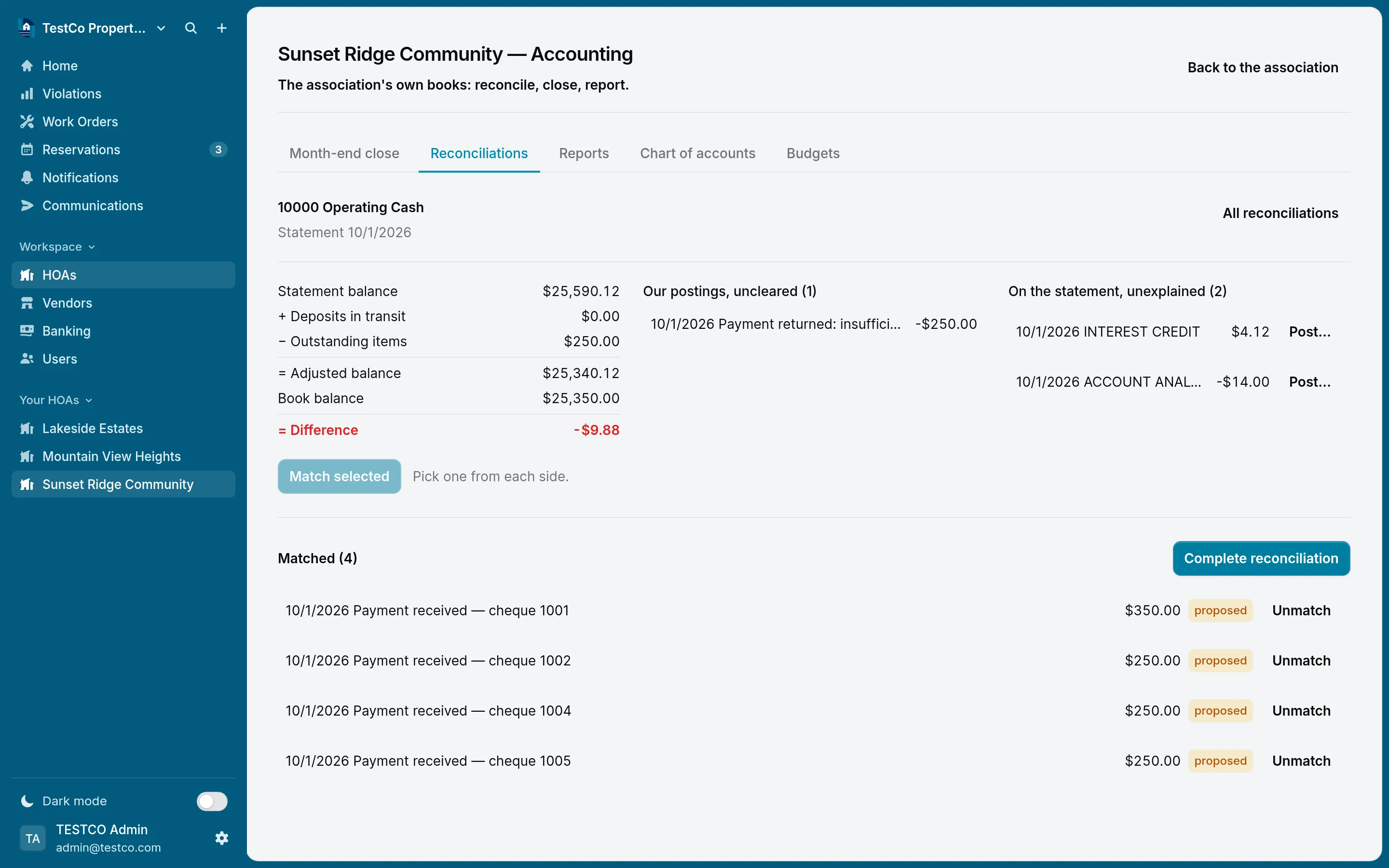 A bank reconciliation: statement balance, outstanding items, unexplained statement lines and matched payments