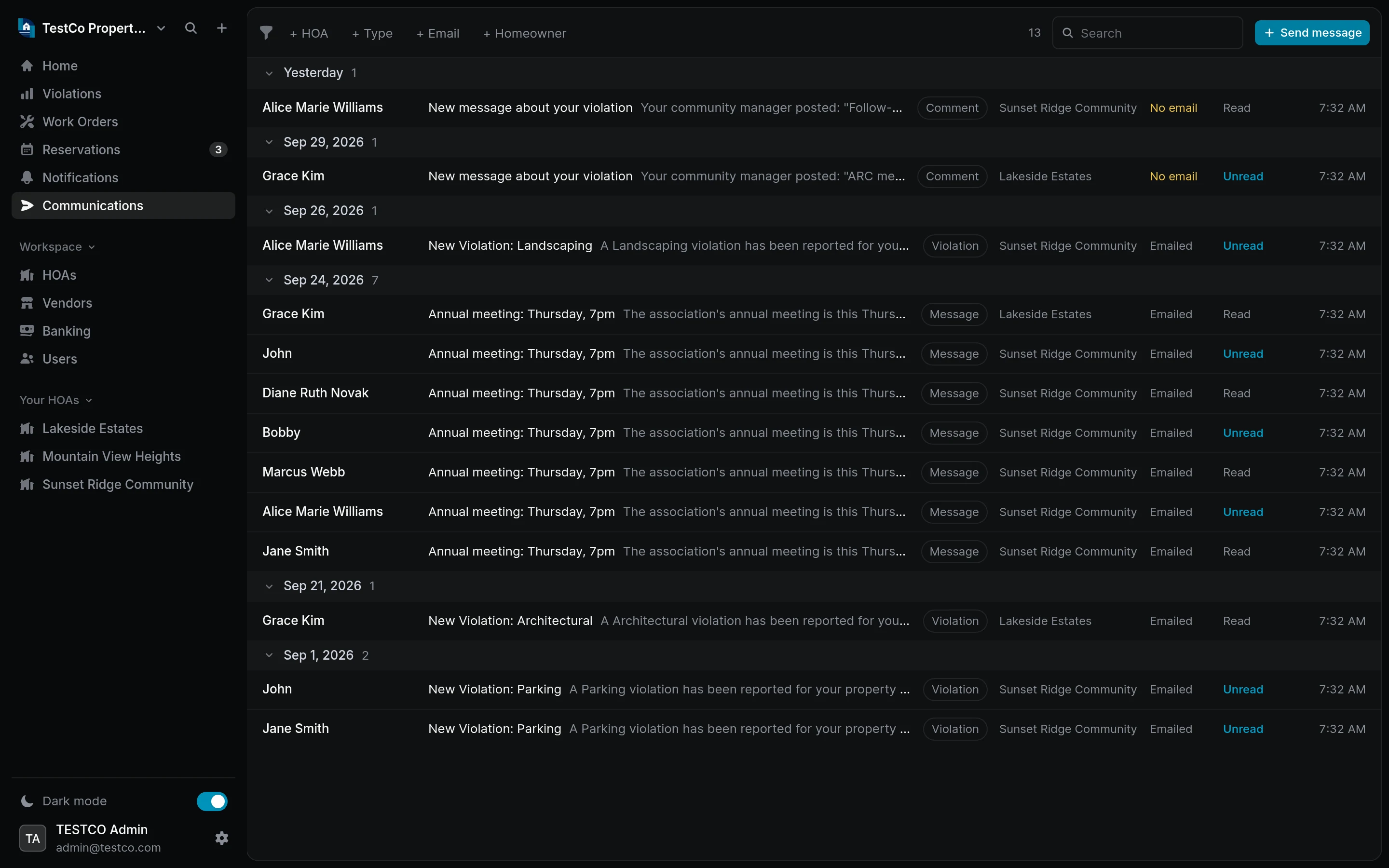 The Communications log: each message to a homeowner with its type, HOA, delivery and read status
