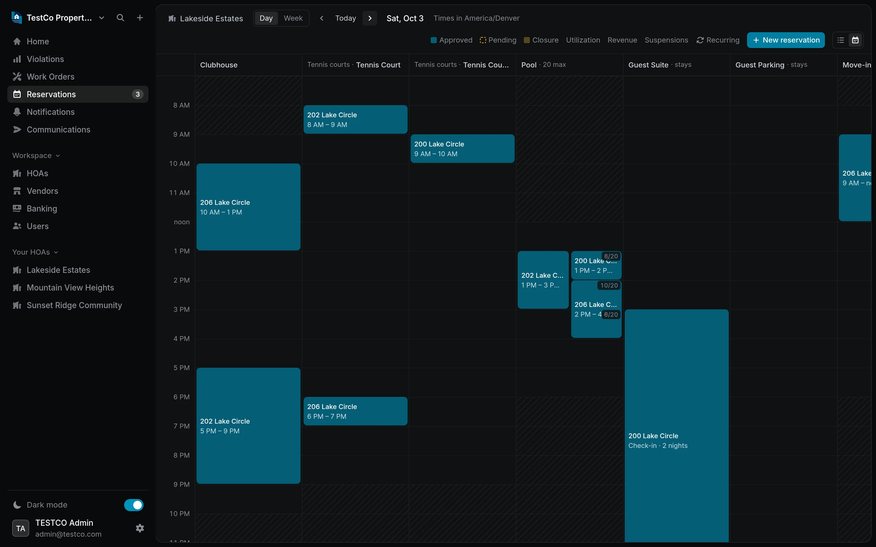 The reservations calendar for one day, with bookings across the clubhouse, tennis courts, pool, guest suite and elevator
